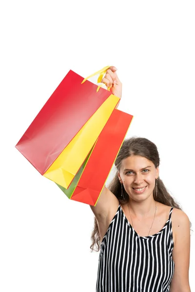 Uśmiechnięta Dorosła Kobieta Modelka Trzymająca Kolorowe Torby Zakupy Ubrana Luźny — Zdjęcie stockowe