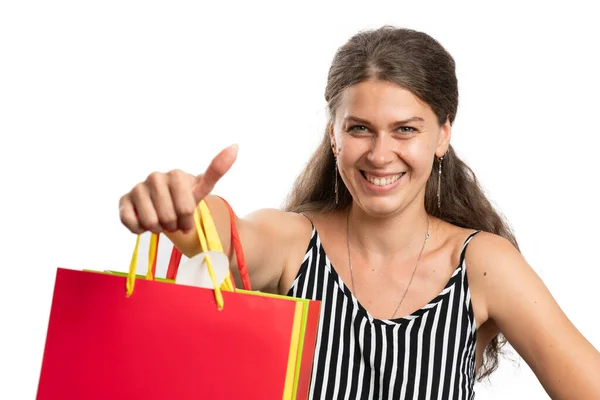 Mulher Adulta Feliz Com Alegre Amigável Expressão Sorridente Apresentando Saco — Fotografia de Stock