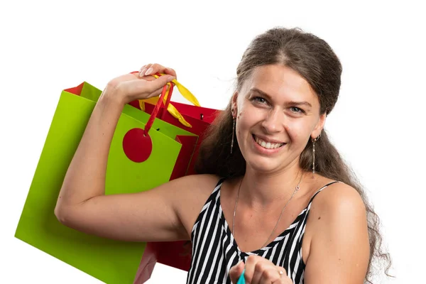 Vriendelijke Volwassen Vrouw Klant Dragen Kleurrijke Boodschappentassen Dragen Casual Zomer — Stockfoto