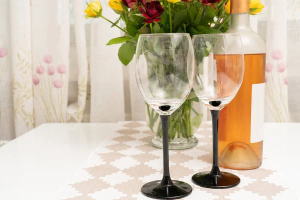 Two Glasses Bottle Wine Table Roses Flowers Vase Romantic Date Stock Image