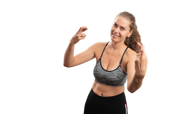 Cheerful Sporty Female Model Holding Fingers Crossed Good Luck Gesture — Stock Photo, Image