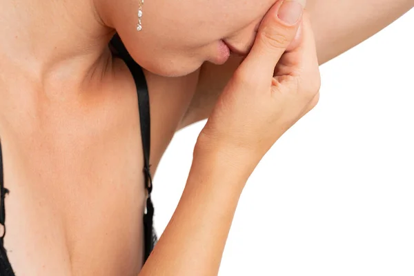 Close Adult Sportive Woman Smelling Armpit Underarm Gym Workout Training — Stock Photo, Image