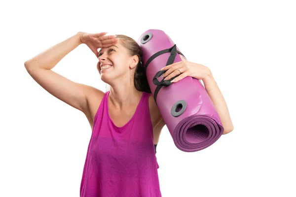 Cheerful Sportive Adult Woman Wearing Athletic Gym Tanktop Sportswear Making — Stock Photo, Image