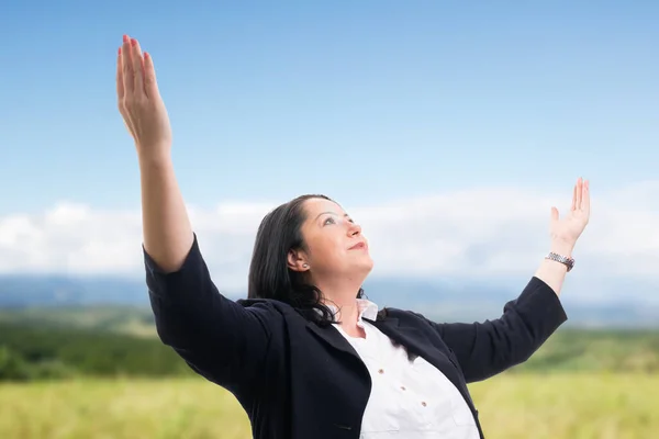 Happy Female Corporate Entrepreneur Making Thankful Celebrating Gesture Palms Expression — Stock Photo, Image