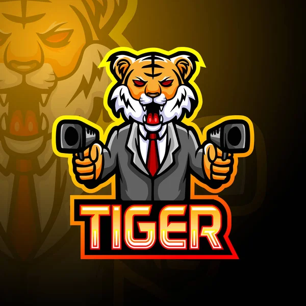 Tigre Pistola Esport Logo Mascot Design — Vector de stock