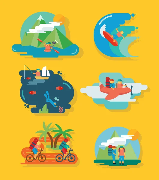 Набір іконок подорожей та розваг з туризмом та відпочинком Векторні ілюстрації Ліцензійні Стокові Вектори