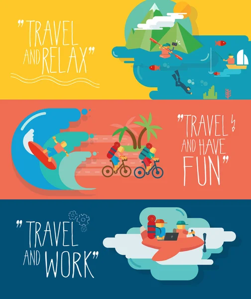 Ensemble d'illustrations vectorielles itinérantes. Différents types de voyages . — Image vectorielle