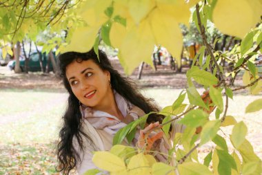 Parkta bir sürü renkli ağaç ve yaprakla çevrili güzel bir genç bayanla sonbahar fotoğrafı. 