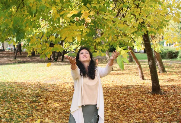 Jesienny Obraz Piękną Młodą Kobietą Pozującą Parku Otoczonym Mnóstwem Kolorowych — Zdjęcie stockowe