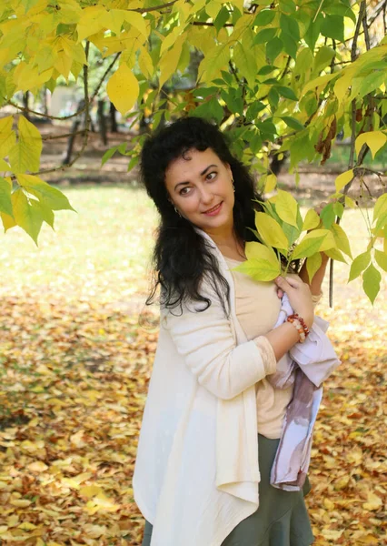 Herfst Foto Met Een Mooie Jonge Vrouw Poseren Een Park — Stockfoto