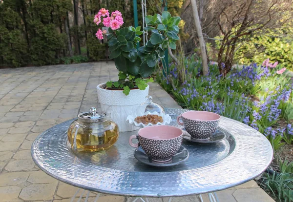 Крупный План Кофейного Столика Цветком Керамическими Чашками Чайником Солнечном Саду — стоковое фото