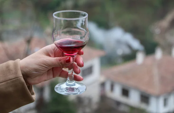 Die Hand Einer Frau Hält Ein Glas Rotwein Mit Blick — Stockfoto