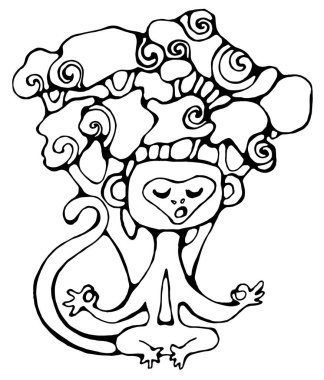 Ağacın altında meditasyon pozunda oturan şirin maymun.