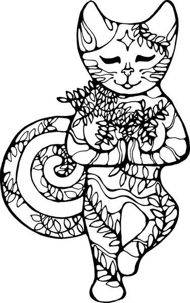 El gato se para sobre una pierna en el ornamento vegetal. Conciencia meditativa. — Archivo Imágenes Vectoriales