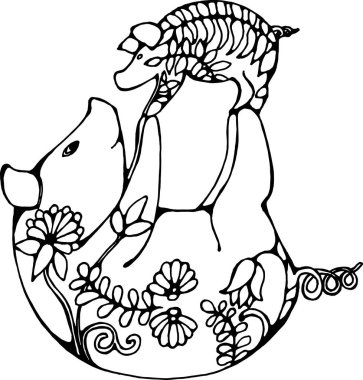 Tatlı domuzlar çift yoga yapıyor. Süslü bir bebeği olan bir domuz..