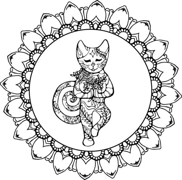 El gato se para sobre una pierna en el ornamento vegetal. Conciencia meditativa. — Archivo Imágenes Vectoriales