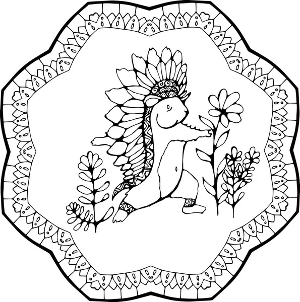 Ioga hamster com chapéu de penas nativo americano entre flores. Mandala ornamental. — Vetor de Stock