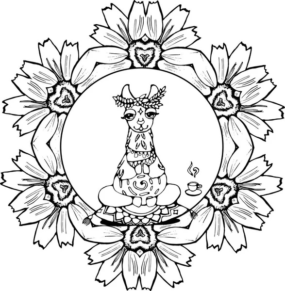 Il lama con medita a spirale e beve il tè su un cuscino con un ornamento. Mandala ornamentale. — Vettoriale Stock