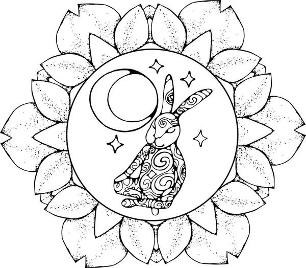 Un coniglio meditativo siede in una posa turca tutto in ornamenti da spirali. La luna e le stelle con lui. Lotus mandala. — Vettoriale Stock