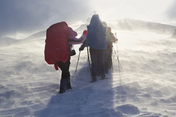 Gruppo di escursionisti che si arrampicano sulle montagne innevate — Foto Stock