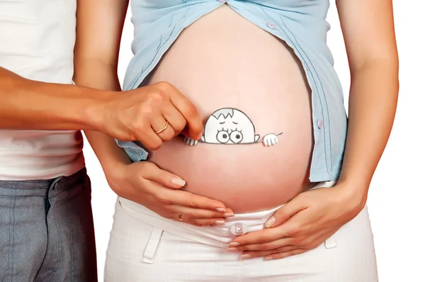 Man houdt in de buurt van buik zwangere vrouw grap poster — Stockfoto