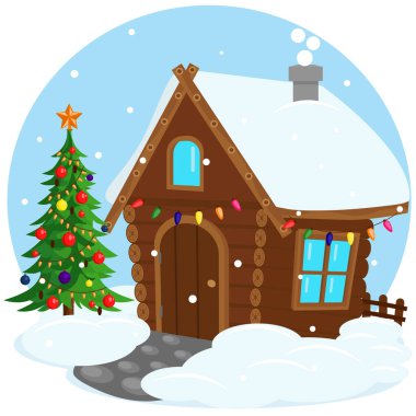 Kışın Noel 'de ve yeni yıl arifesinde şirin bir ev. Yeni yıl tatili teması üzerine vektör illüstrasyonu.