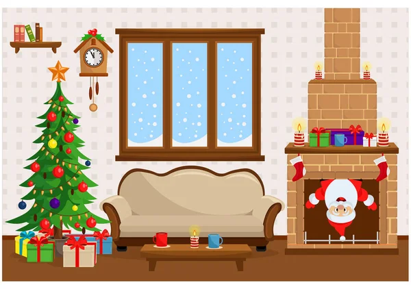 New Year Vector Room Decorations Christmas Tree Santa Fireplace Humor — Stock Vector