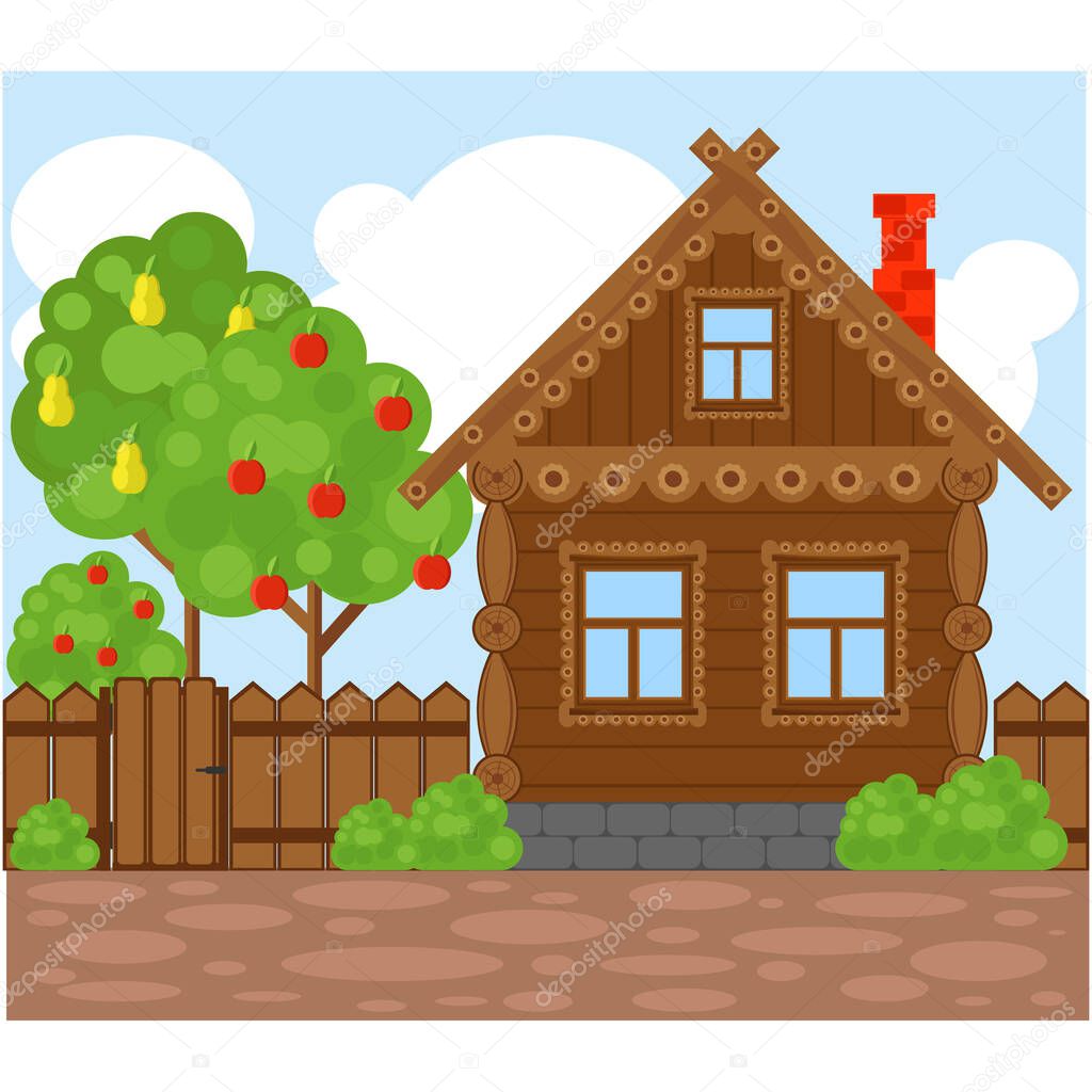 Wooden village house. Vector illustration on the theme of architecture.