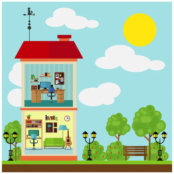 Bonita Casa Dos Pisos Con Habitaciones Una Calle Alrededor Ilustración — Vector de stock