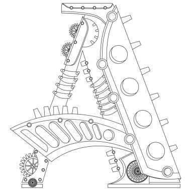 Vektör harfi A boyama kitabı. Steampunk stilinde alfabenin teması üzerine bir çizim.