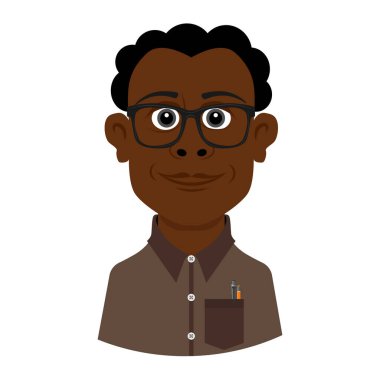 Dağınık saçlı ve boynuz çerçeveli gözlüklü bir dahi. Beyaz arkaplanda vektör adam illüstrasyonu.