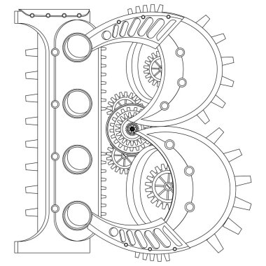 Vektör B boyama kitabı. Steampunk stilinde alfabenin teması üzerine bir çizim.