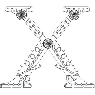 Vektör harfi X boyama kitabı. Steampunk stilinde alfabenin teması üzerine bir çizim.