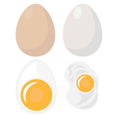 İzole edilmiş beyaz bir zeminde yumurta ve çırpılmış yumurta. Yiyecek teması üzerine vektör illüstrasyonu.