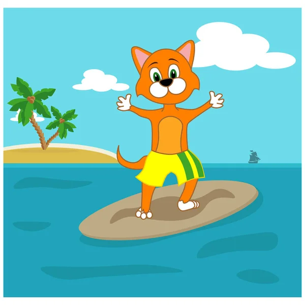 Desenho Vetorial Surfista Gato Ilustração Sobre Tema Das Férias Verão — Vetor de Stock