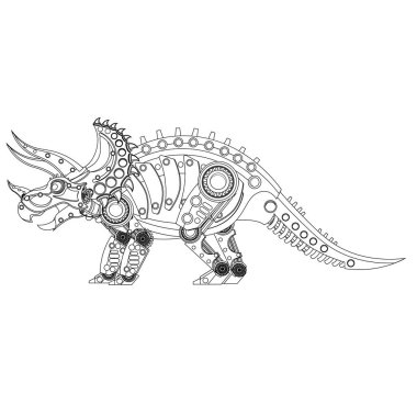 Steampunk Triceratops Dinozor Robot Boyama Kitabı. Beyaz arkaplanda vektör illüstrasyonu.