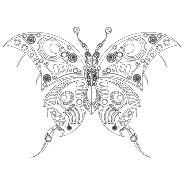 Steampunk Insect Butterfly Robot Coloring Book Vector Illustration White Background — Stock Vector