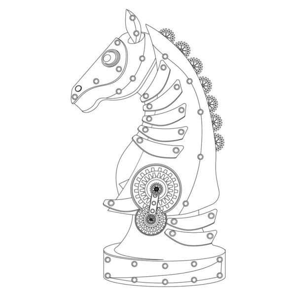 Steampunk Chess Piece Horse Robot Coloring Book Vector Illustration White — Stock Vector