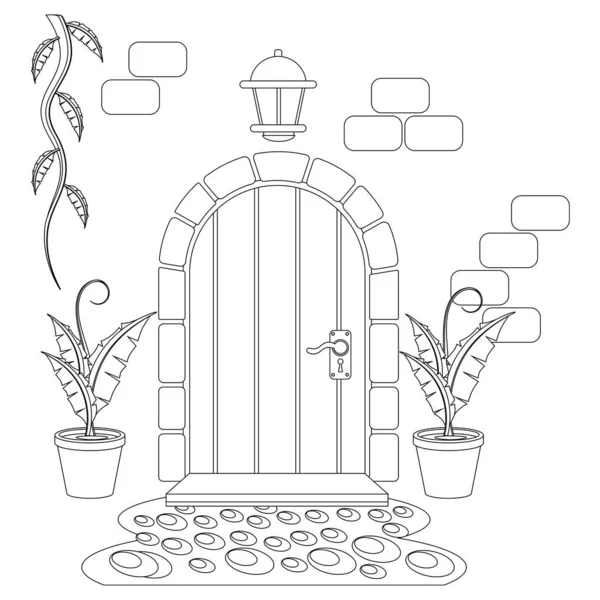 Porte Entrée Mur Avec Des Plantes Colorantes Illustration Vectorielle Sur — Image vectorielle