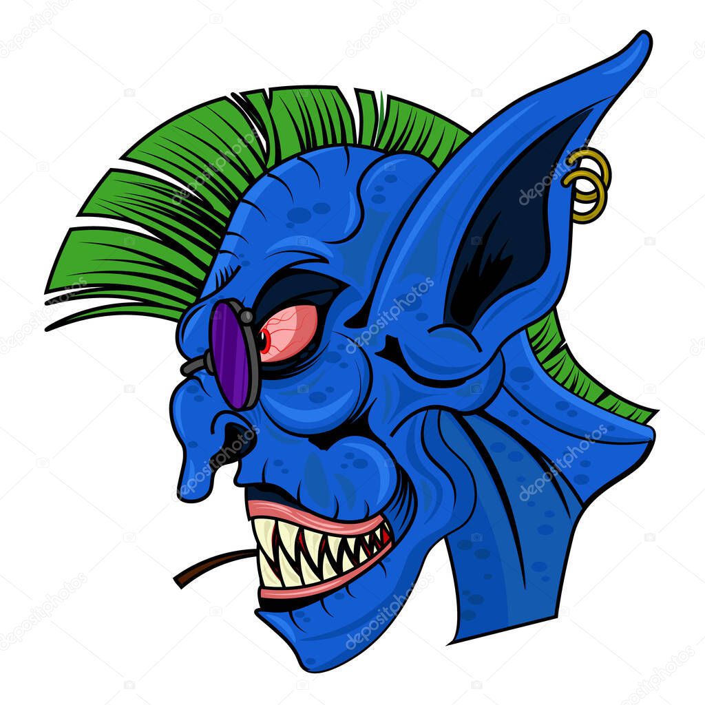 Scary goblin punk with a mohawk. Vector illustration on the theme of fairy tales and legends.