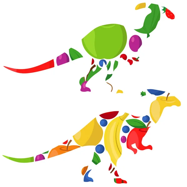 Silhueta Dinossauro Feito Frutas Bagas Ilustração Vetorial Sobre Fundo Branco — Vetor de Stock