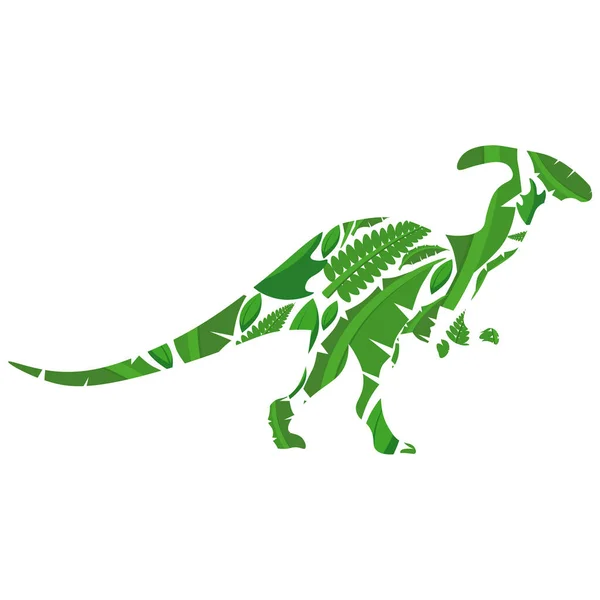 Silhouette Dinosaur Made Leaves Tropical Plants Ferns Vector Illustration White — Vetor de Stock