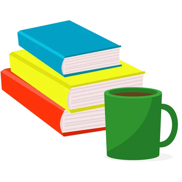 Eine Tasse Kaffee Und Bücher Vektorillustration Auf Weißem Isoliertem Hintergrund — Stockvektor