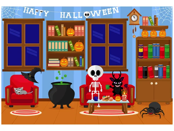 Una Sala Preparada Para Celebración Halloween Con Historias Terror Ilustración — Vector de stock