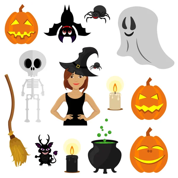 Grand Ensemble Pour Halloween Avec Une Sorcière Des Attributs Festifs — Image vectorielle