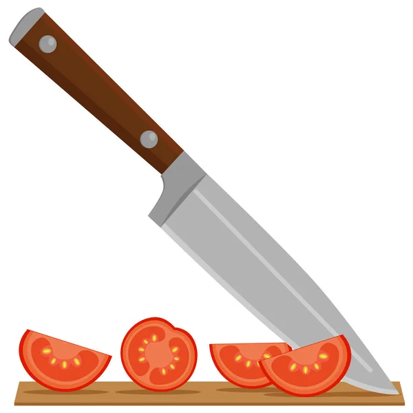 Slicing Tomatoes Kitchen Knife Vector Drawing White Isolated Background — Stock Vector