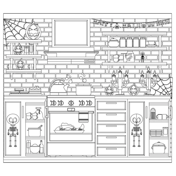 Кухонна Розмальовка Підготована Святкування Хеллоуїна Векторні Ілюстрації Тему Інтер Єру — стоковий вектор