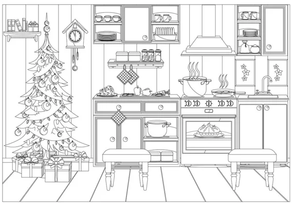 Cocina Decorada Festiva Para Nuevo Año Navidad Vector Para Colorear — Archivo Imágenes Vectoriales