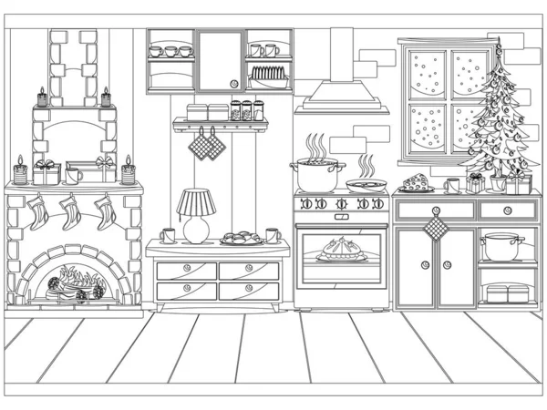 Festlich Geschmückte Küche Für Das Neue Jahr Und Weihnachten Vektor — Stockvektor
