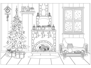 Çocuklar ve yetişkinler için yeni yıl ve Noel kutlaması için vektör odası şeklinde boyama kitabı.